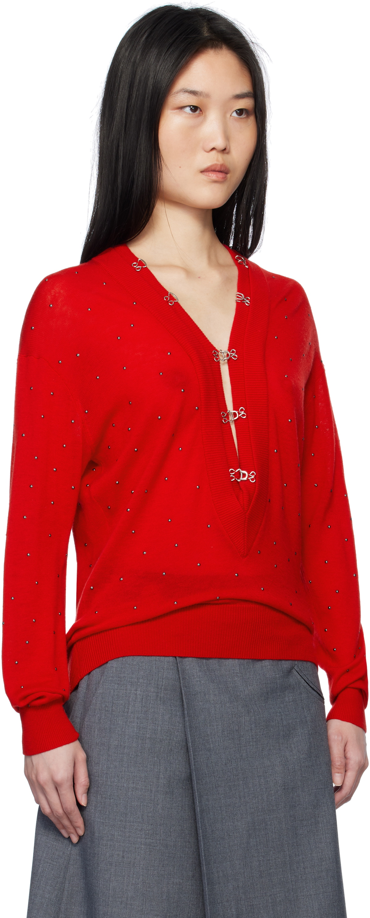 AO Yes Red V-Neck Cabochon Sweater