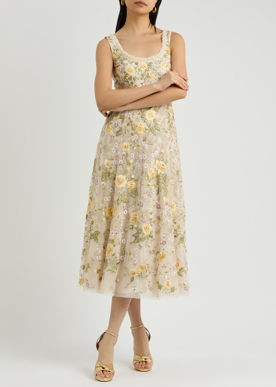 Needle & Thread Florine Floral-embroidered Tulle Midi Dress Cream