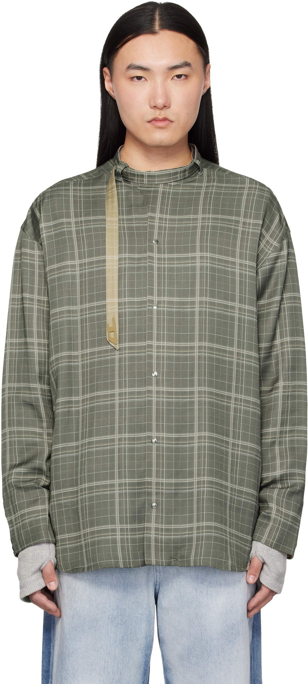 Diesel Gray Check-Satin Biker Details Shirt