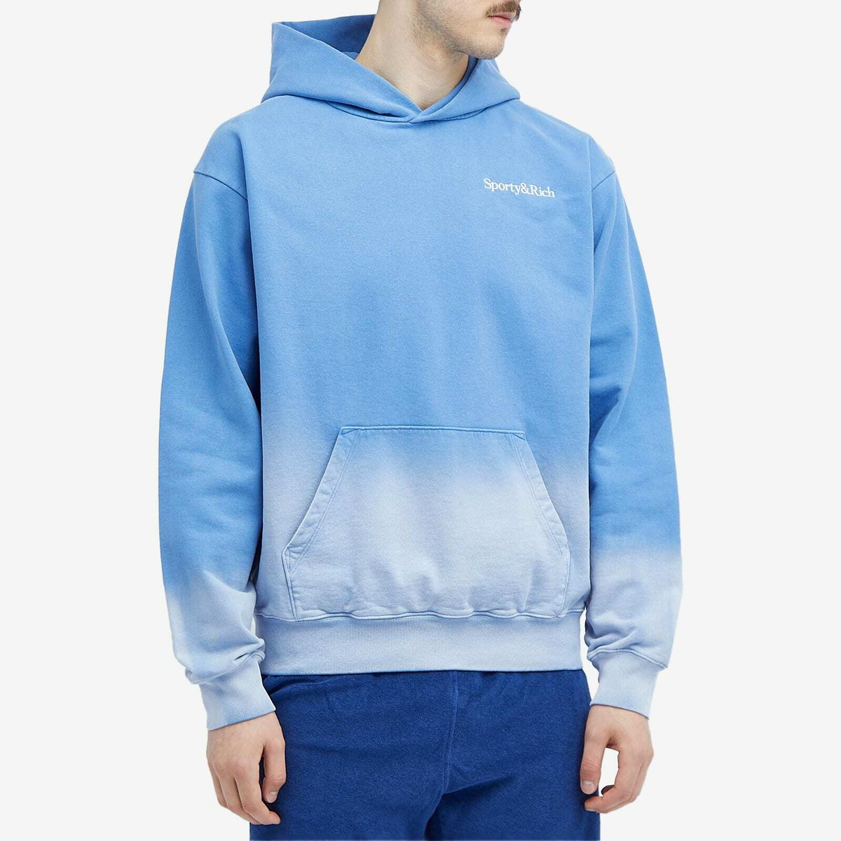 Sporty & Rich Men's Serif Logo Embroidered Hoodie in Dip Dye Blue