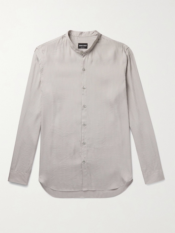 Photo: GIORGIO ARMANI - Grandad-Collar Striped Cotton and Silk-Blend Seersucker Shirt - Gray - EU 38
