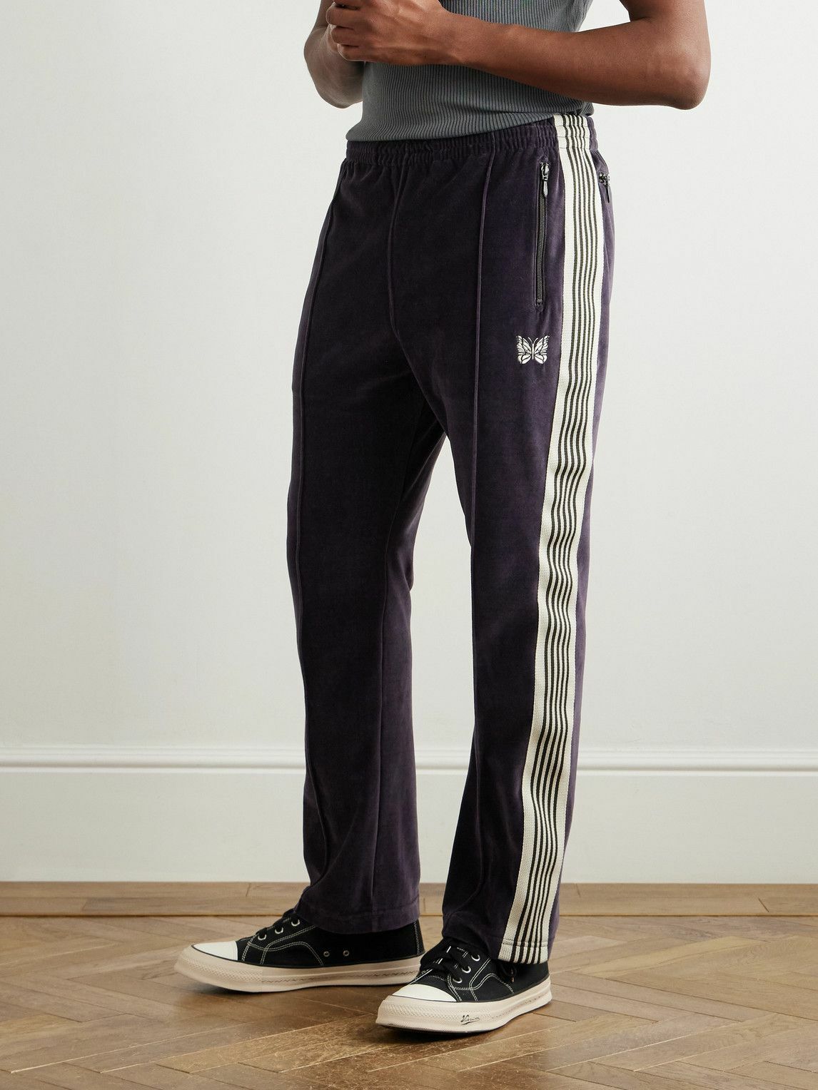 Needles - Logo-Embroidered Striped Cotton-Blend Velour Track Pants - Gray