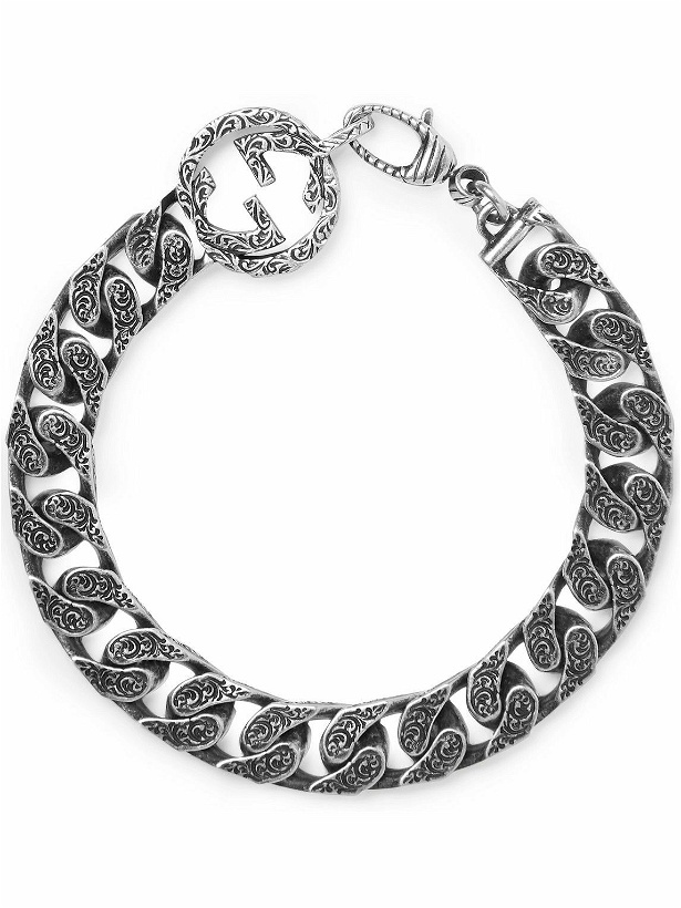 Photo: GUCCI - Logo-Detailed Burnished Sterling Silver Bracelet - Silver