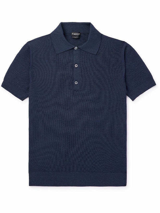 Photo: TOM FORD - Slim-Fit Honeycomb-Knit Silk-Blend Polo Shirt - Blue
