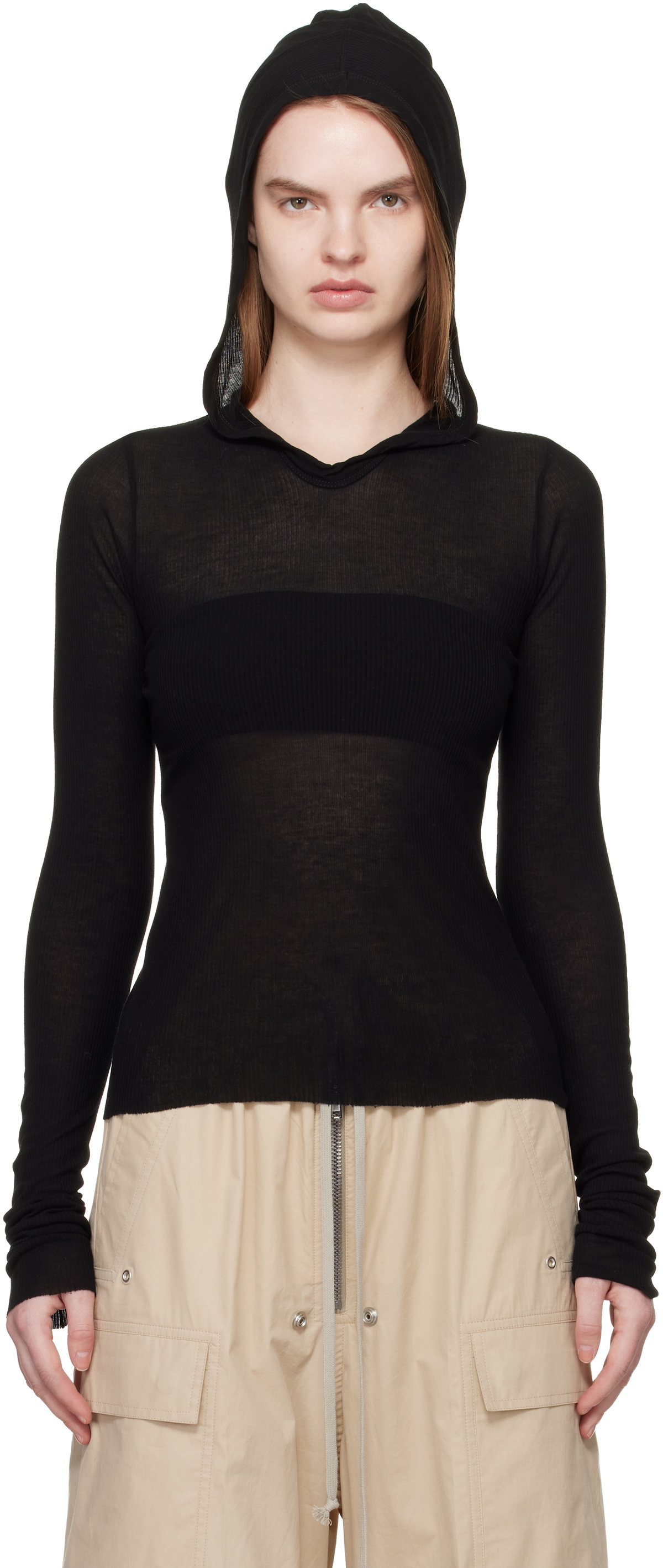 Rick Owens Black Temple Cropped Rib LS Hoodie