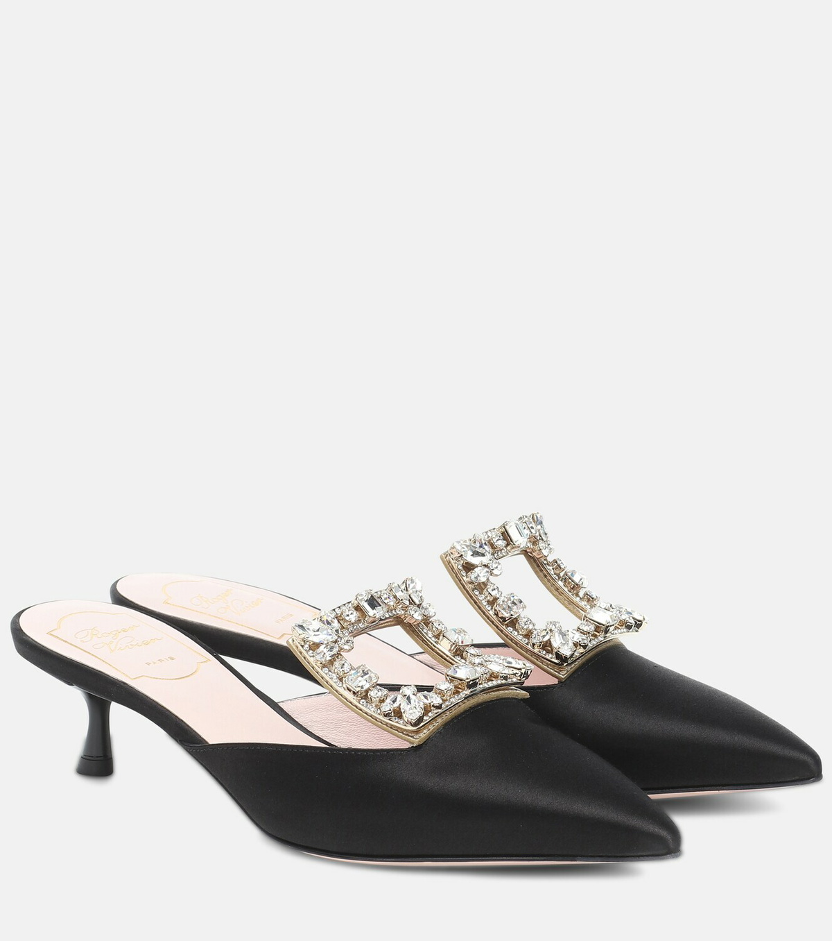 Roger Vivier★Tres Vivier クリスタル付 サテン ミュール PINK ROGER VIVIER Tres Vivier クリスタル付き サテン ミュール