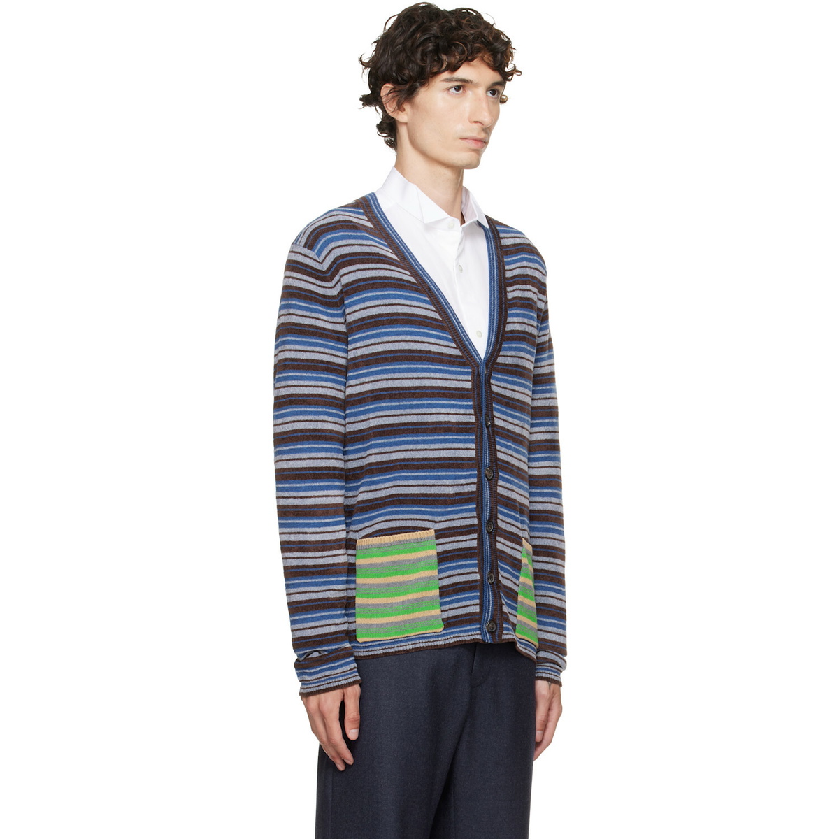 Maison Margiela Blue Striped Wool Cardigan
