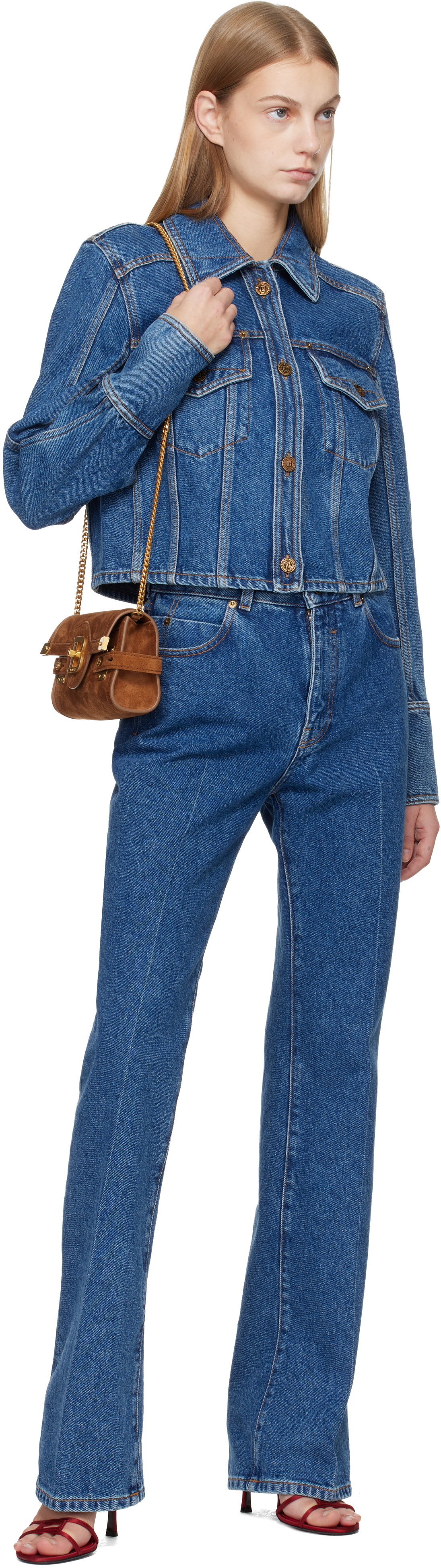 Balmain Blue Cropped Faded Denim Jacket
