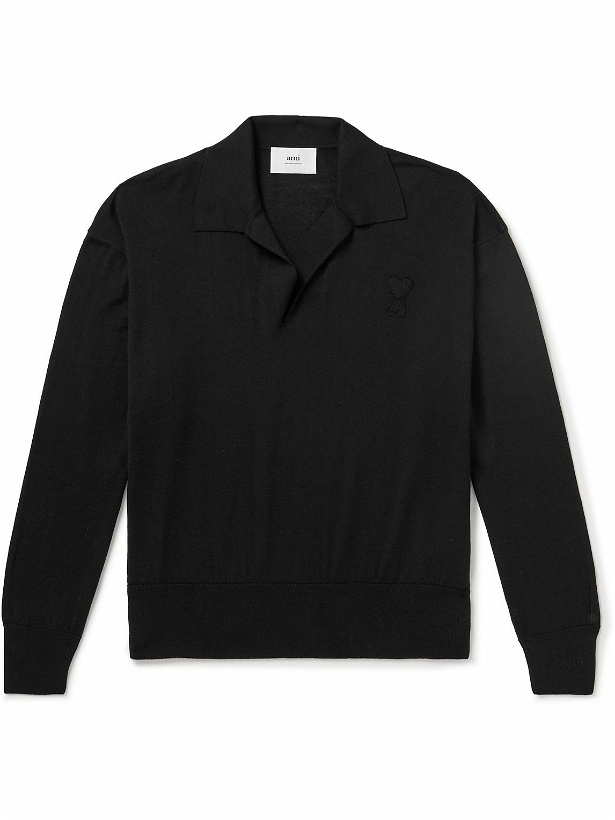 Photo: AMI PARIS - Logo-Embroidered Merino Wool Polo Shirt - Black