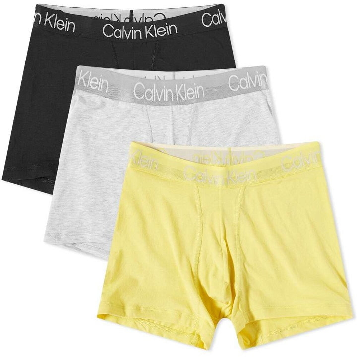Photo: Calvin Klein Men's Cotton Stretch Trunk - 3 Pack in Grey/Mesquite Lime/Black