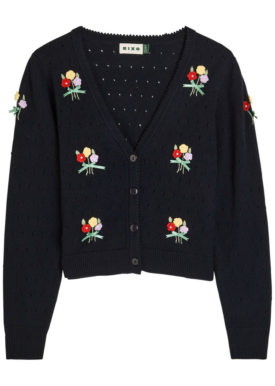 Rixo Merinda Floral-appliquéd Wool Cardigan Navy