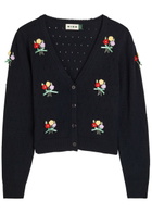 Rixo Merinda Floral-appliquéd Wool Cardigan Navy