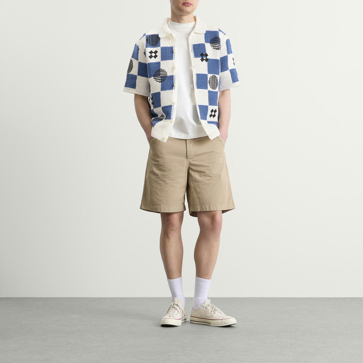 Wax London Men's Porto Square Crochet Shirt in Ecru/Blue