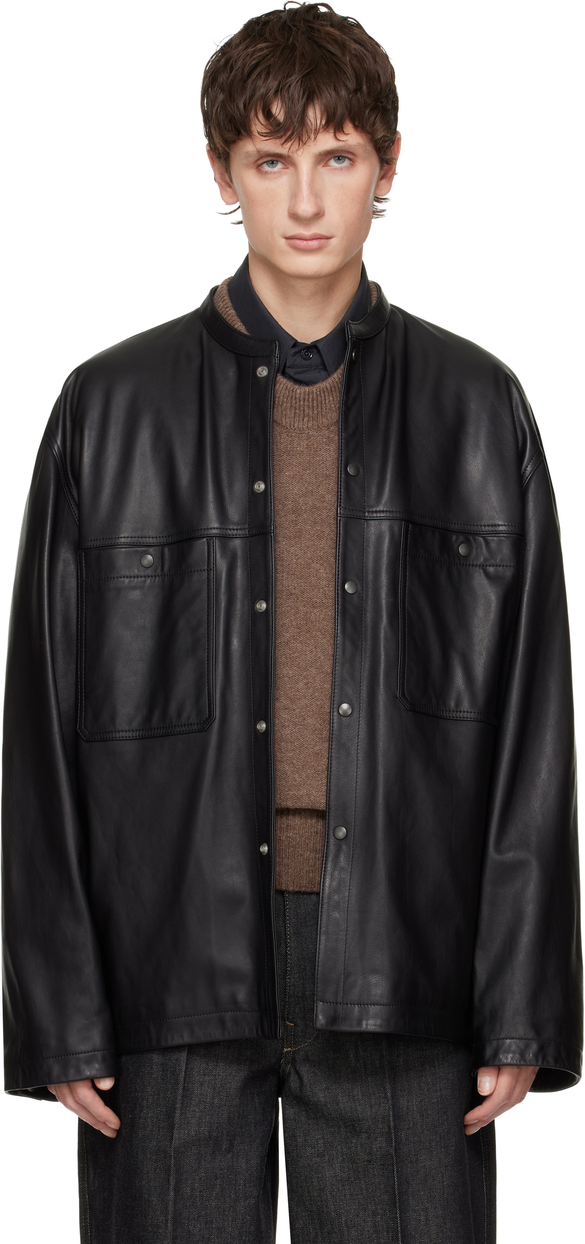 LEMAIRE Black Collarstand Leather Overshirt Lemaire