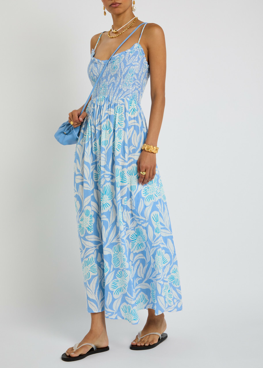Free People Sweet Nothings Printed Cotton Midi Dress Blue