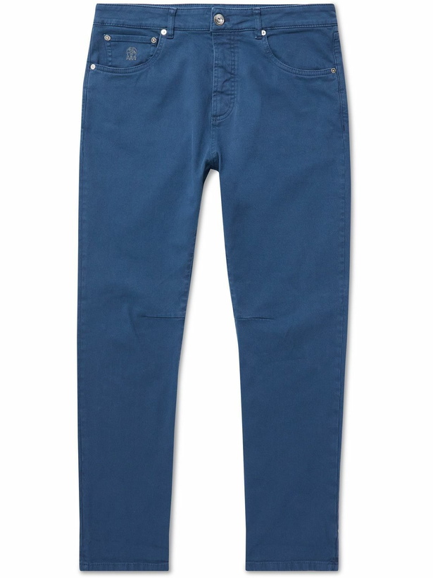 Photo: Brunello Cucinelli - Tapered Garment-Dyed Stretch-Cotton Trousers - Blue