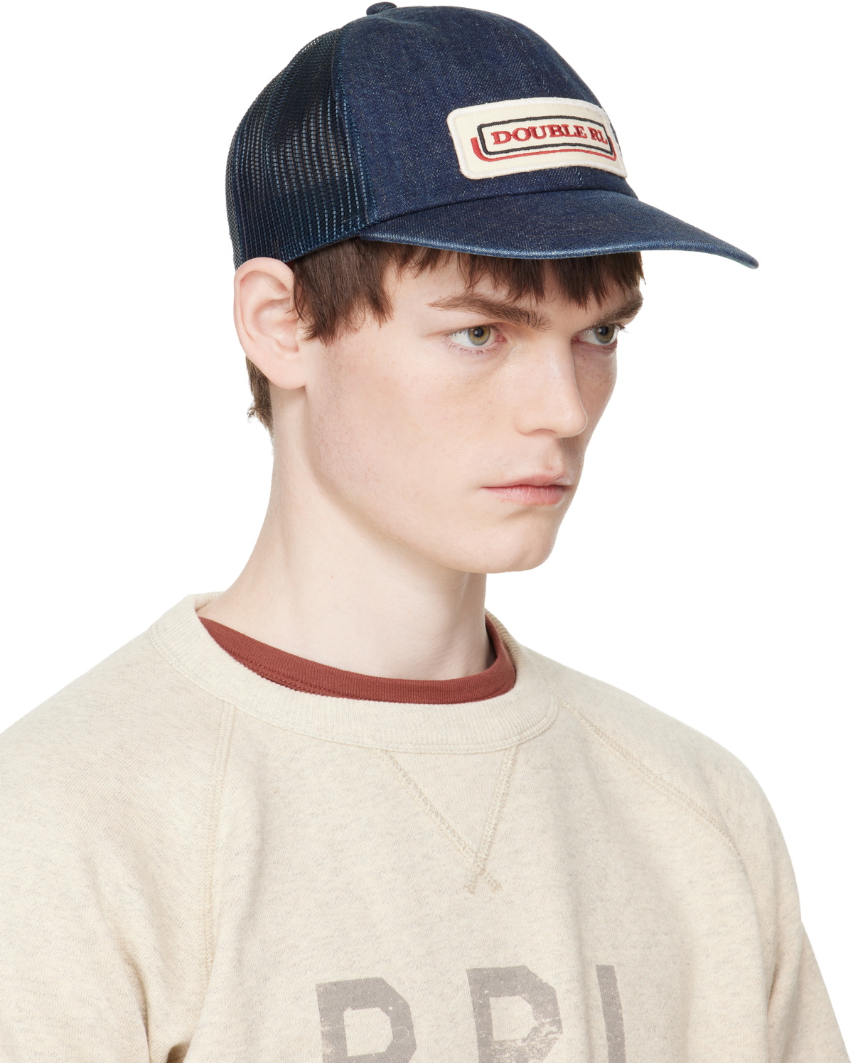 RRL Navy Logo-Patch Indigo Denim Trucker Cap