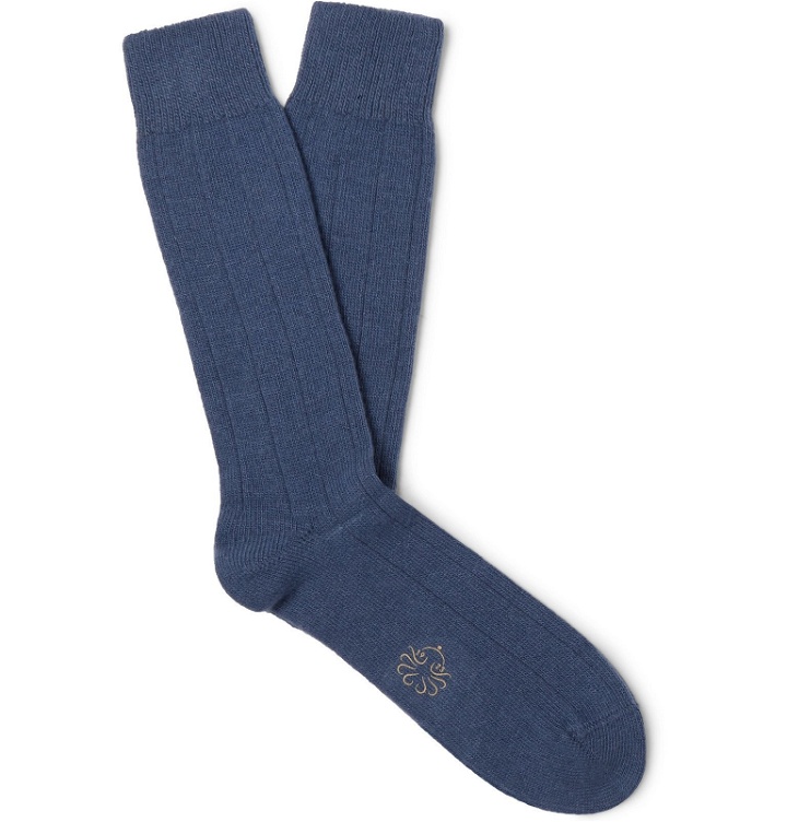 Photo: Anderson & Sheppard - Ribbed Merino Wool-Blend Socks - Blue