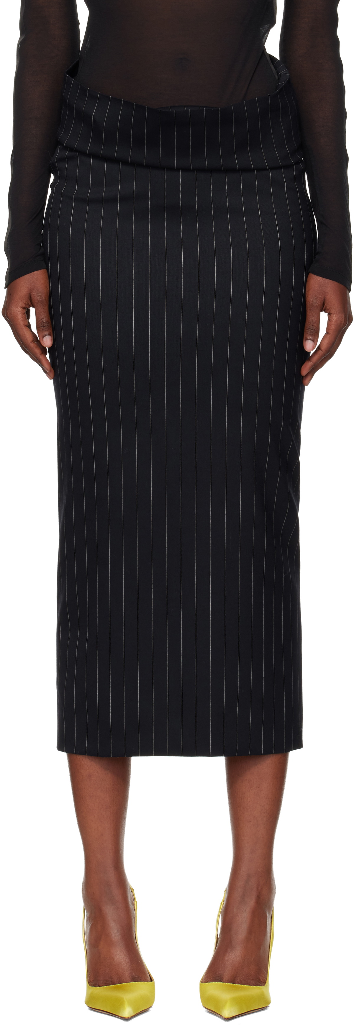 Mugler Navy Pinstripe Stretch Tube Midi Skirt