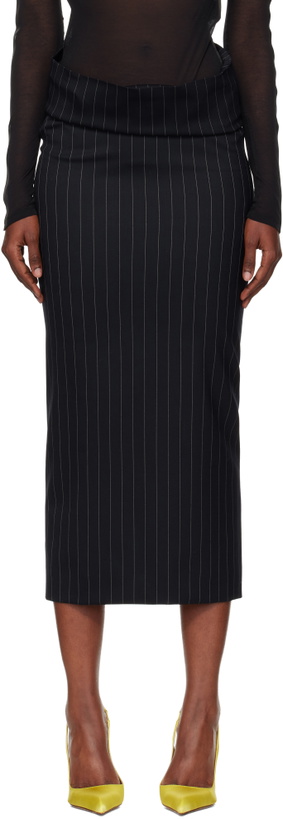 Photo: Mugler Navy Pinstripe Stretch Tube Midi Skirt