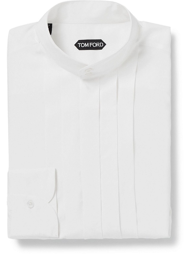 Photo: TOM FORD - Mandarin-Collar Bib-Front Lyocell and Silk-Blend Satin Tuxedo Shirt - White