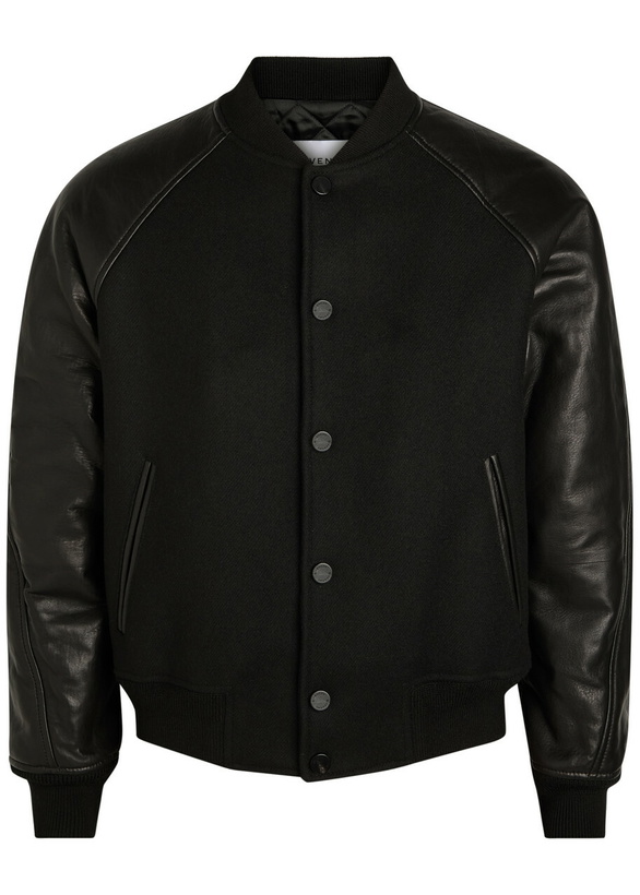 Photo: Givenchy Logo-appliquéd Leather and Wool Bomber Jacket Black