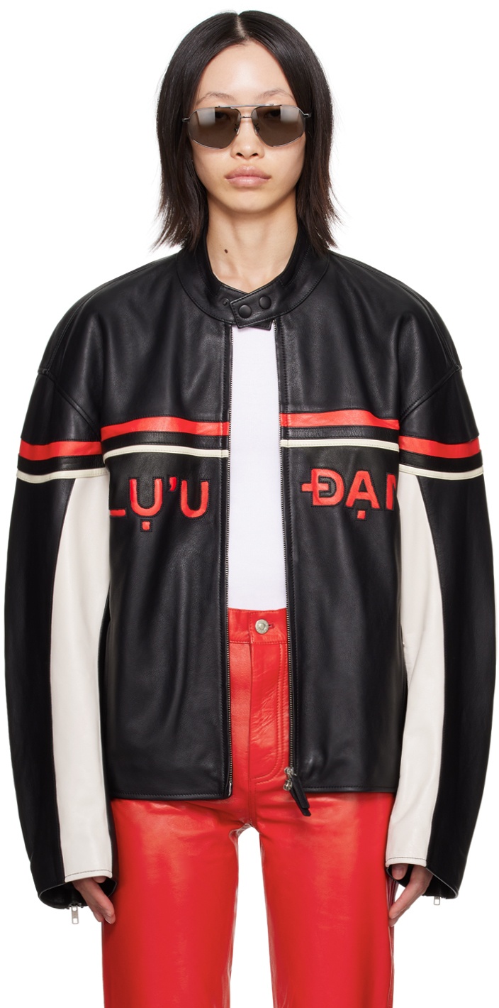 LU'U DAN Red & Black Paneled Leather Jacket