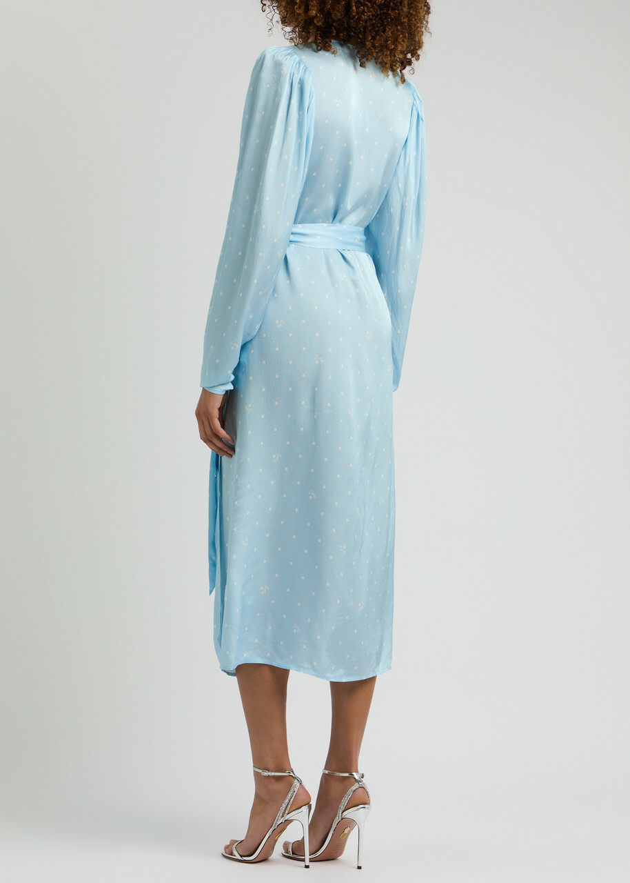 Rotate Birger Christensen Polka-dot Satin Wrap Dress Light Blue
