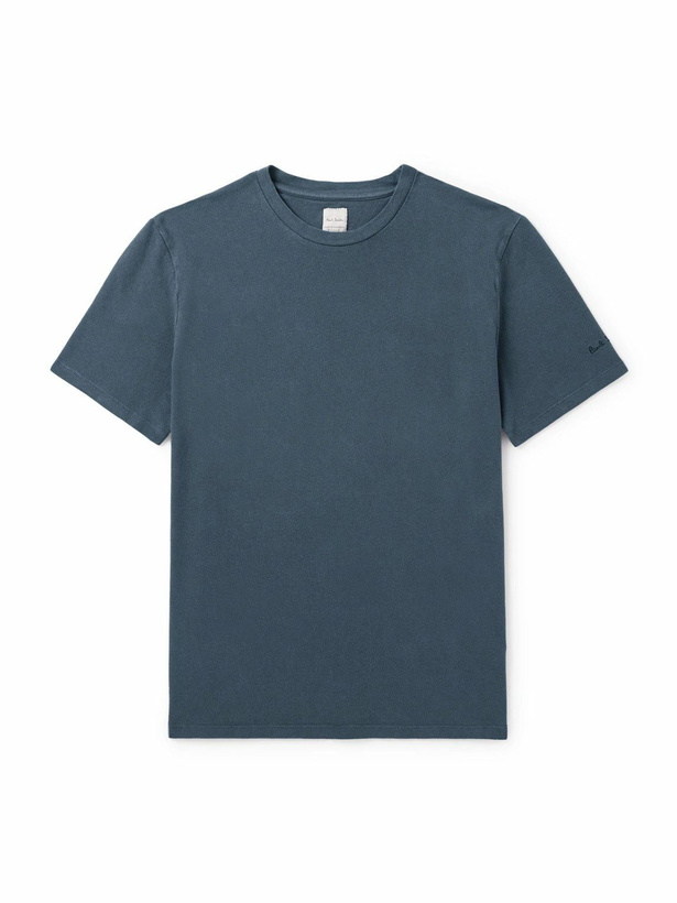 Photo: Paul Smith - Logo-Embroidered Cotton and Linen-Blend Piqué T-Shirt - Blue