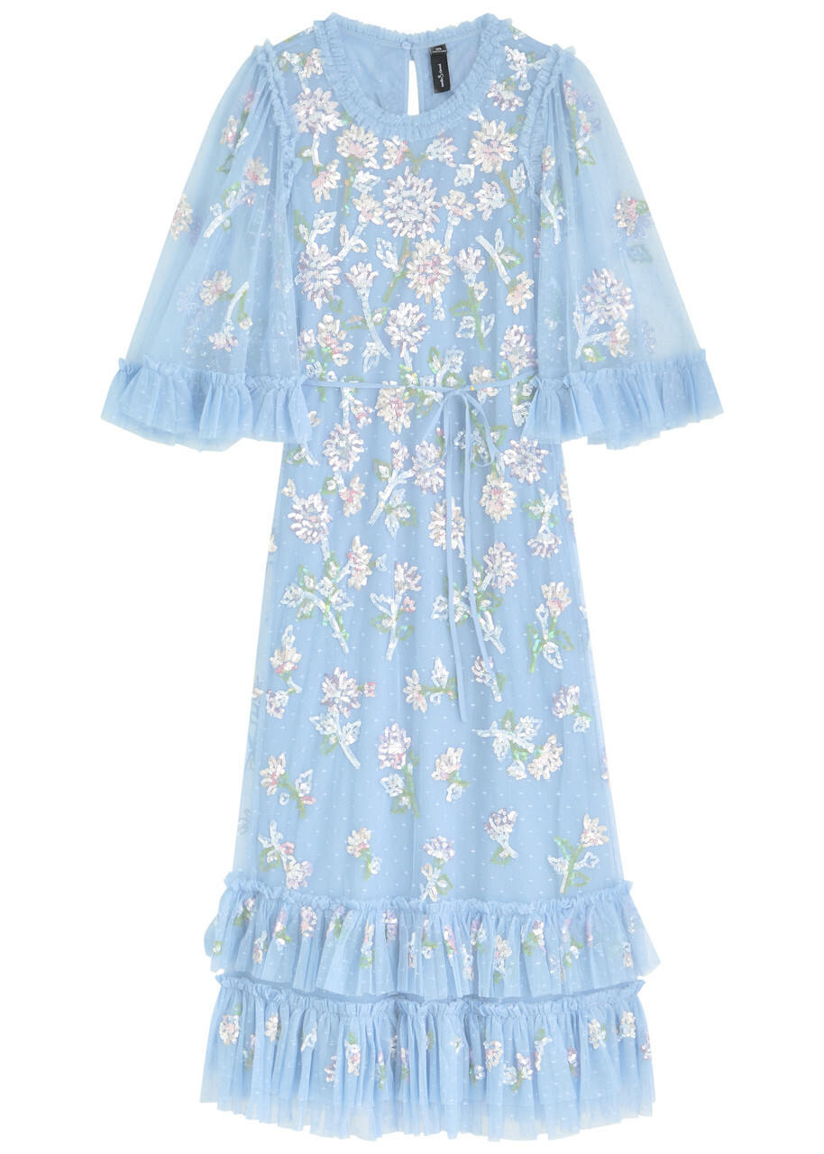 Needle & Thread Gloss Floral-embellished Tulle Midi Dress Blue