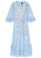 Needle & Thread Gloss Floral-embellished Tulle Midi Dress Blue