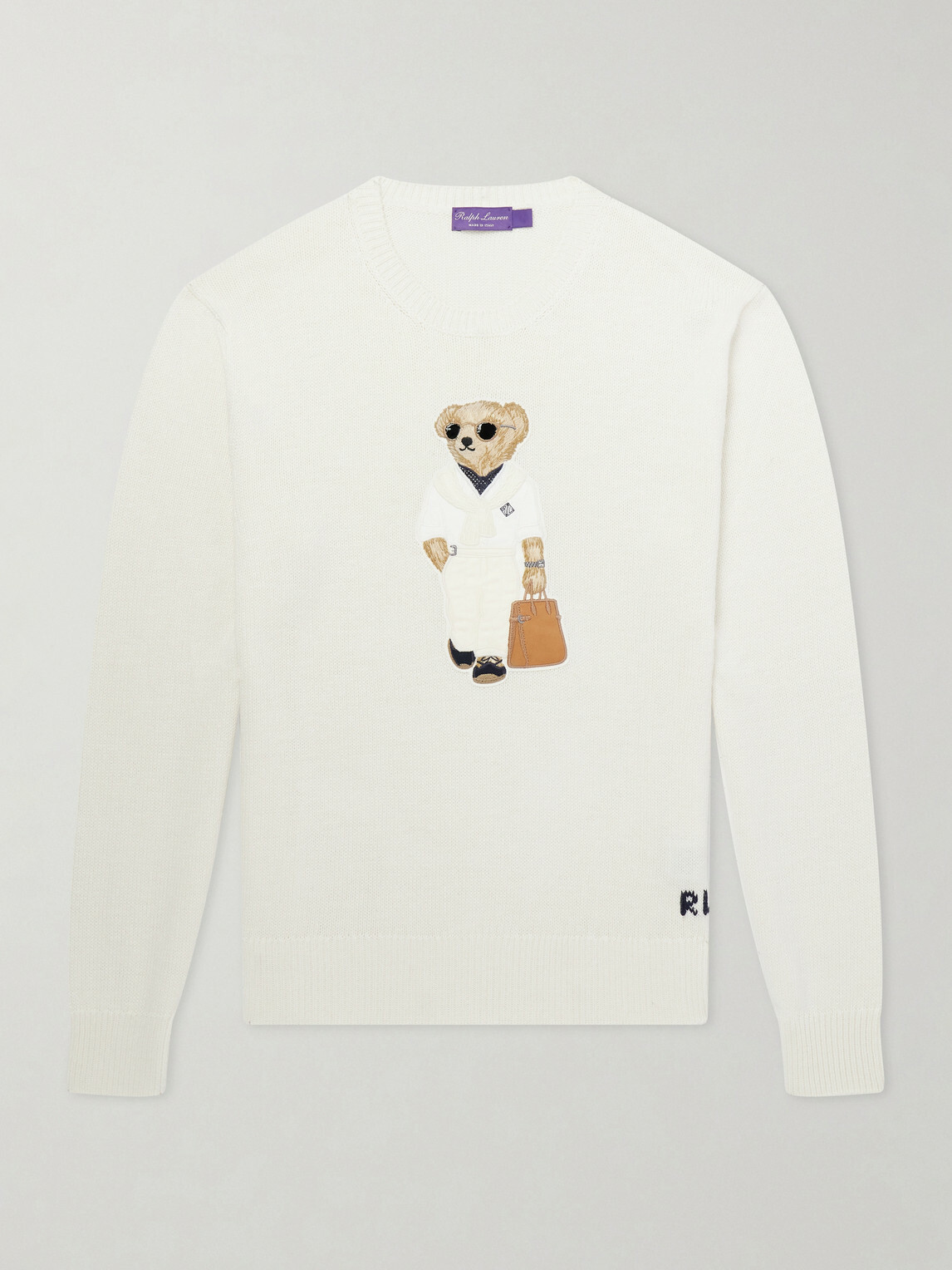 Ralph Lauren Purple label - Polo Bear Logo-Appliquéd Leather-Trimmed Knitted Silk and Linen-Blend Sweater - Neutrals
