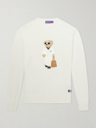 Ralph Lauren Purple label - Polo Bear Logo-Appliquéd Leather-Trimmed Knitted Silk and Linen-Blend Sweater - Neutrals