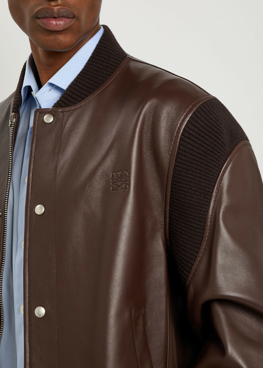 Loewe Rib-trimmed Leather Bomber Jacket Brown