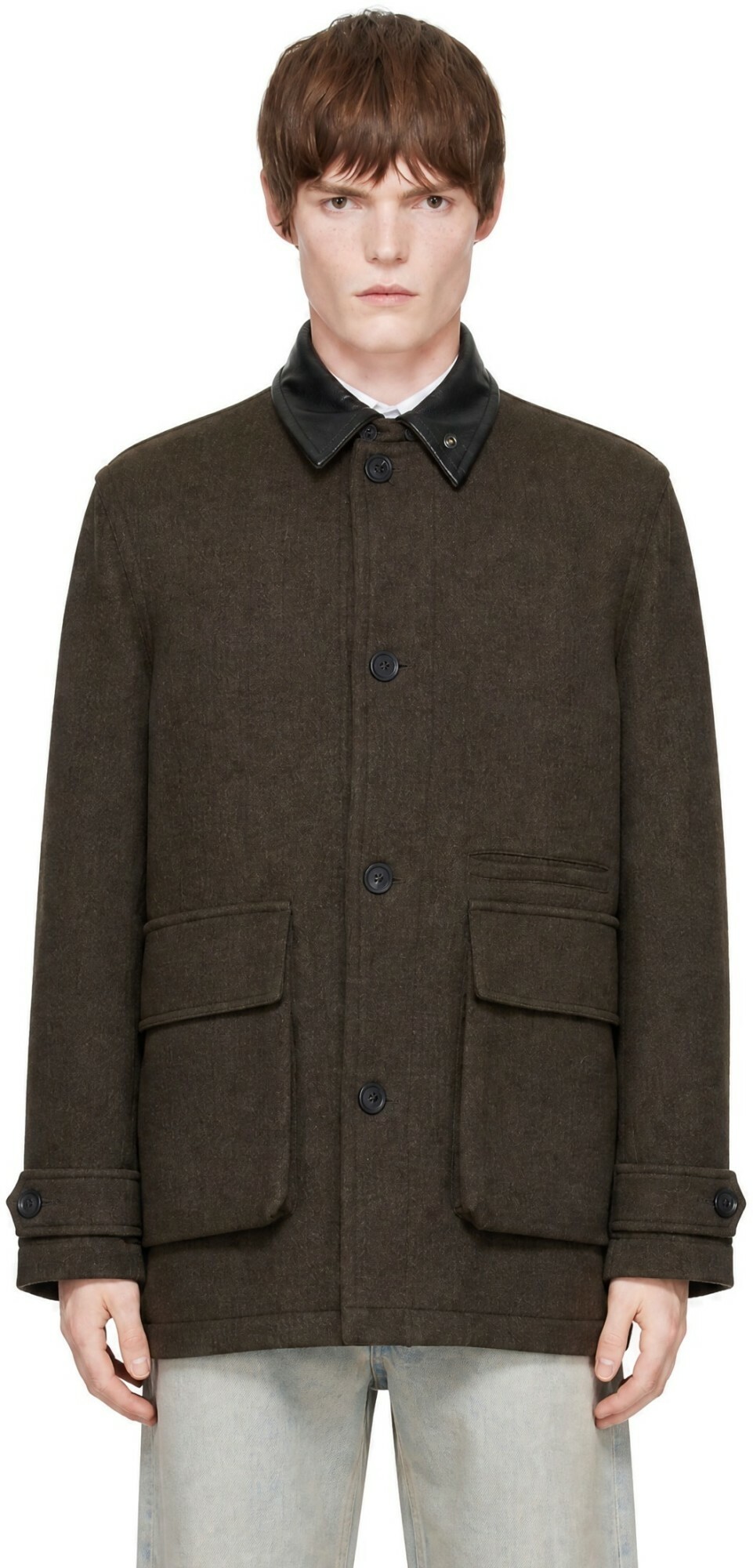 COOR Brown Trimming Leather Patchwork Coat