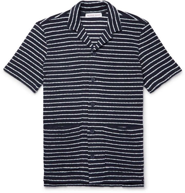 Photo: Orlebar Brown - Travis Camp-Collar Striped Cotton-Terry Shirt - Men - Midnight blue