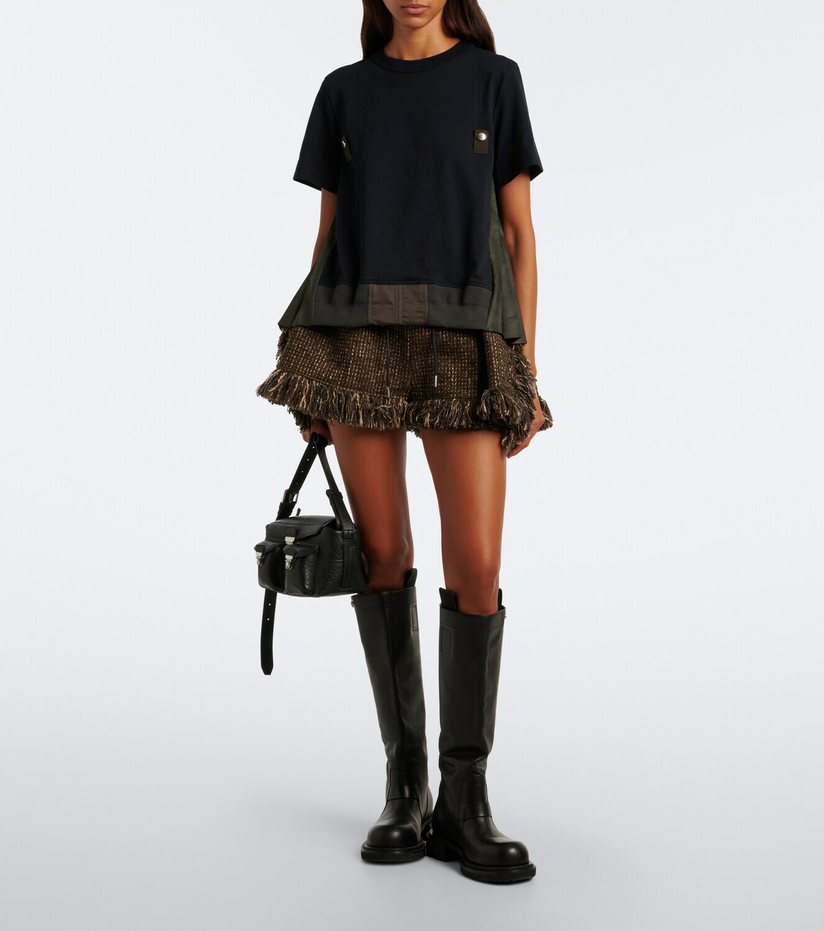 Sacai Paneled plissé cotton jersey T-shirt
