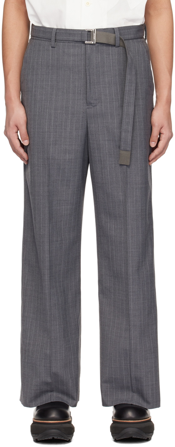 SACAI WOOL STRIPED PANTS WITH BELT サイズO 23-03195M sacai Gray Striped Trousers Sacai