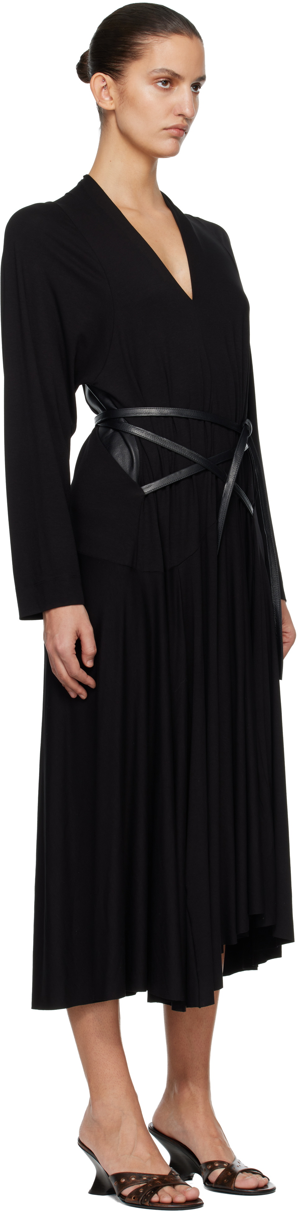 AARON ESH Black Jersey & Leather Wrap Midi Dress