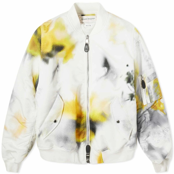 Photo: Alexander McQueen Men's Obscured Flower Printed Bomber Jacket in White/Yellow