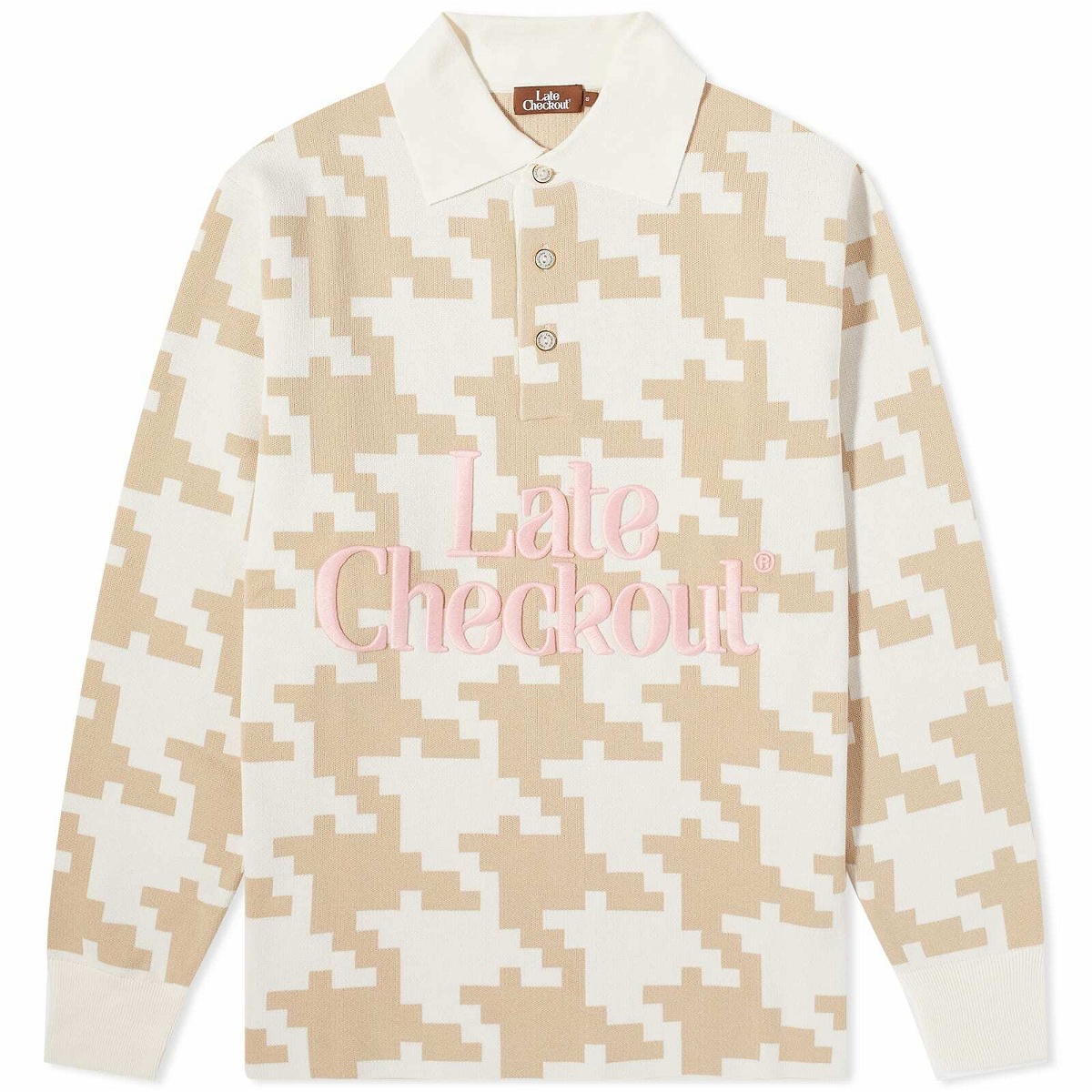 Photo: Late Checkout Houndstooth Camo Rugby Polo Shirt in Cream/Beige