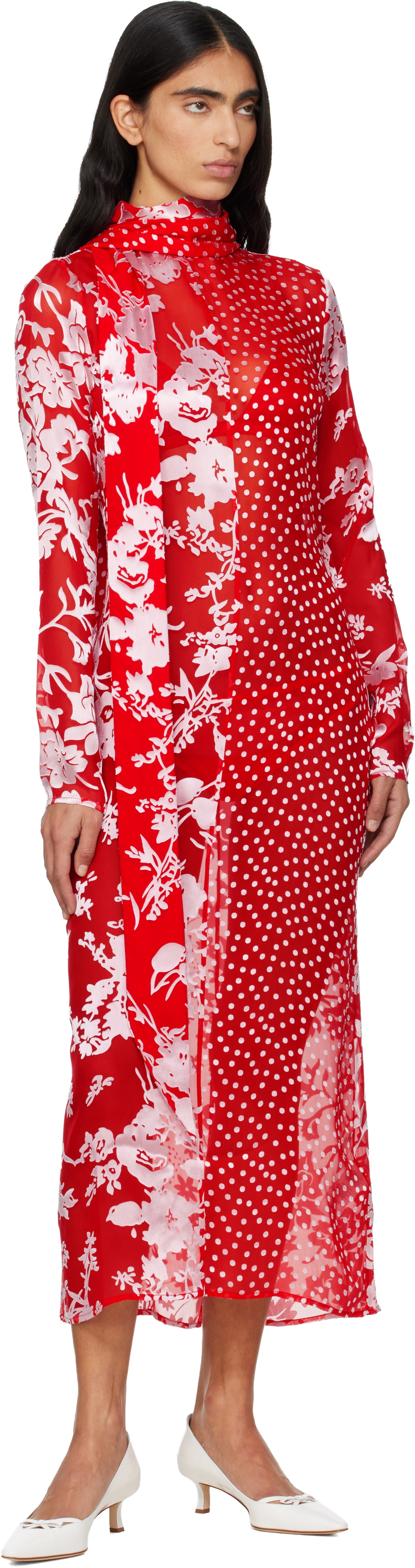 Marine Serre Red Regenerated Raso Silk Scarves Ls Maxi Dress