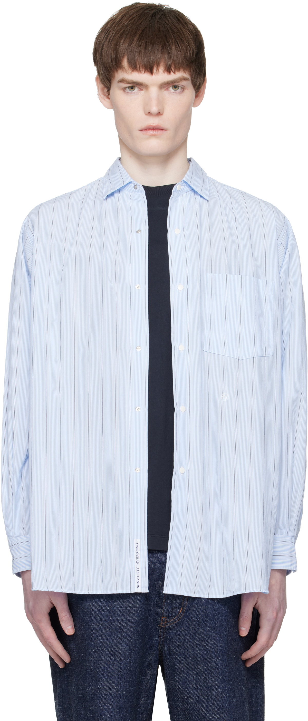 nanamica Blue Regular Collar Stripe Wind Shirt Nanamica