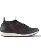 Brioni - Leather-Trimmed Stretch-Knit Sneakers - Brown
