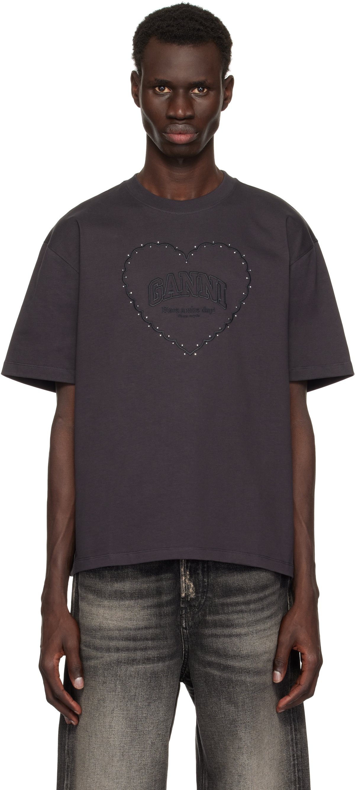 GANNI 黒 Tシャツ Phantom Black Heavy Cotton Drop Shoulder Fringe T-shirt