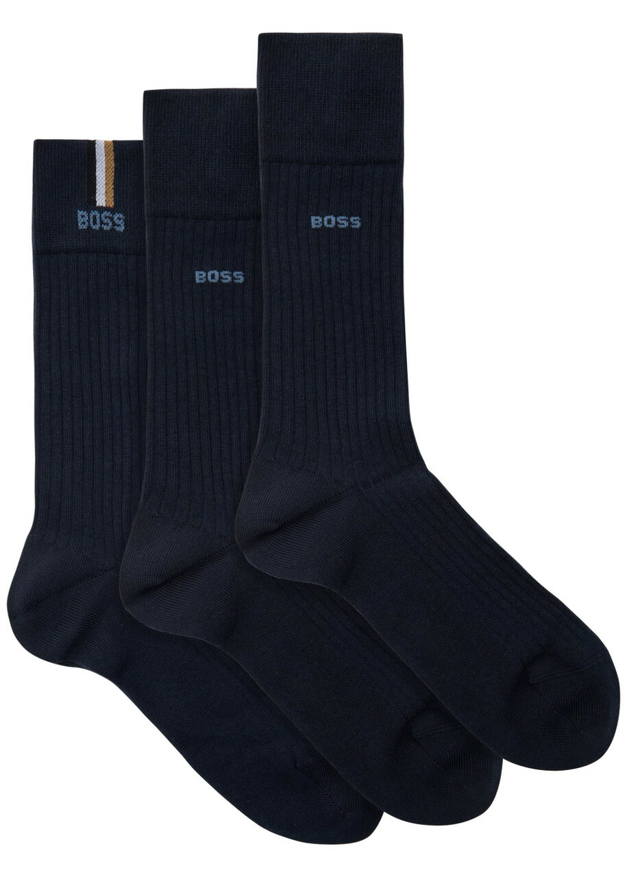 Boss Ribbed Cotton-blend Socks set of Three Navy