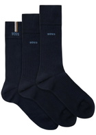 Boss Ribbed Cotton-blend Socks set of Three Navy