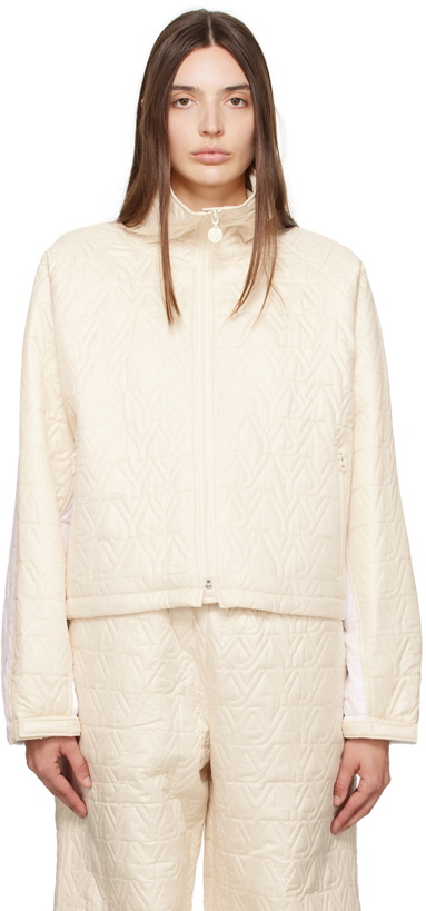 Photo: OPEN YY Beige & White 'YY' Quilted Bomber Jacket