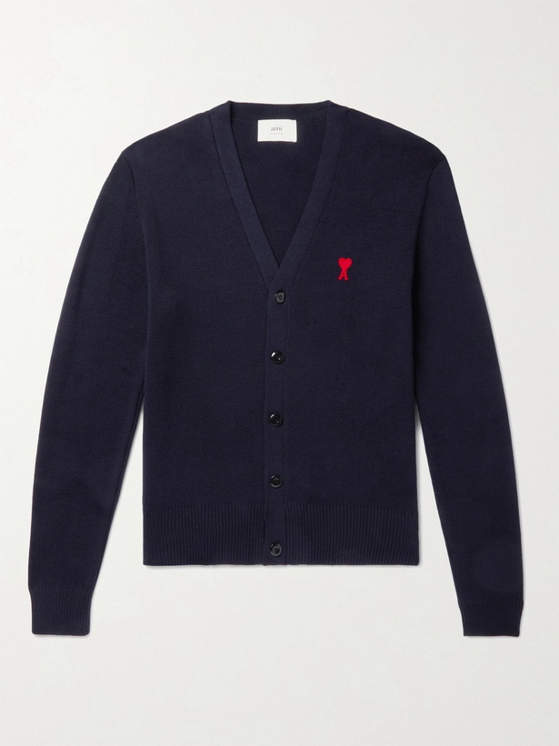 Photo: AMI PARIS - Slim-Fit Logo-Embroidered Merino Wool Cardigan - Blue