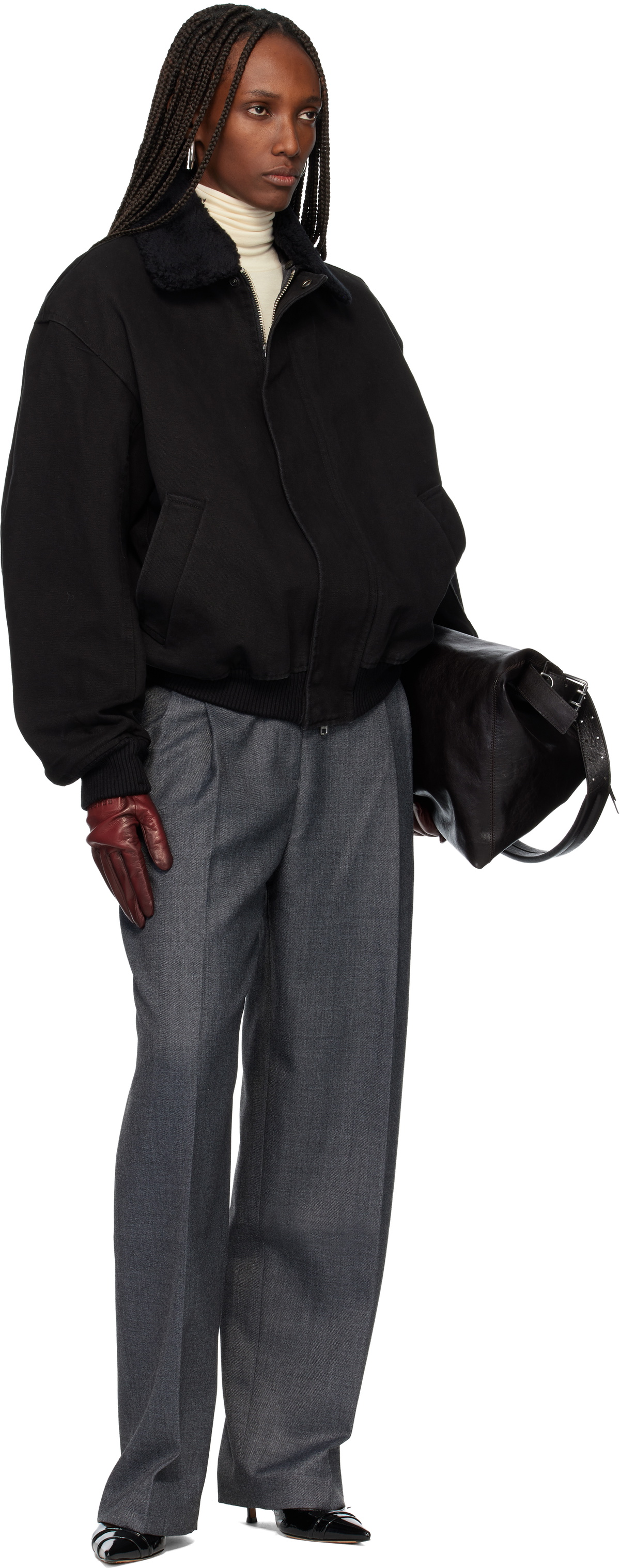 TONYWACK Black Washed Cotton Faux-Shearling Trim Bomber Jacket